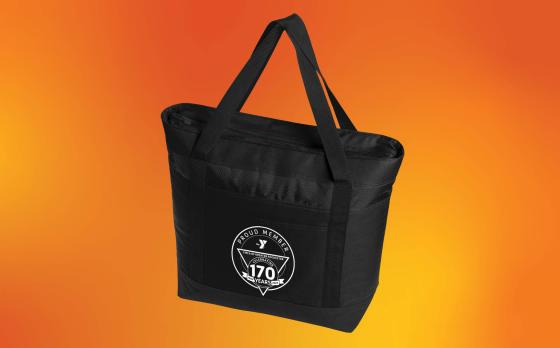 The YMCA Member Gift, a black cooler gag, that says "Proud member, YMCA of Greater Rochester celebrating 170 years." The cooler bag is on an orange background