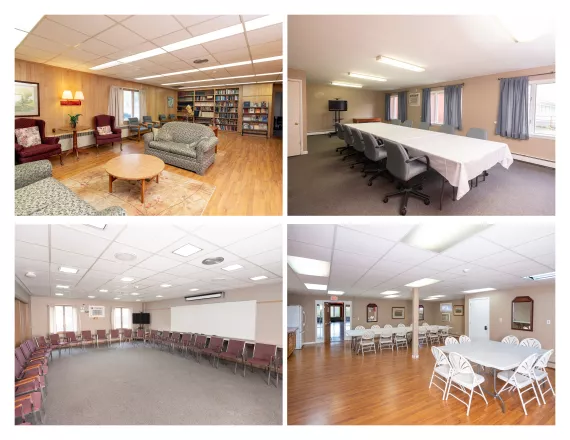 photos of different meeting rooms and the library at The Y at Watson Woods
