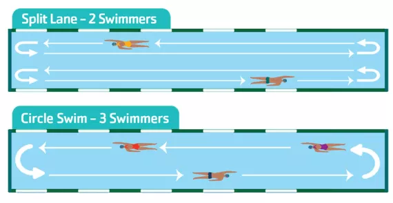 A chart showing a split lap lane for two swimmers, and circle swimming for 3+ swimmers.