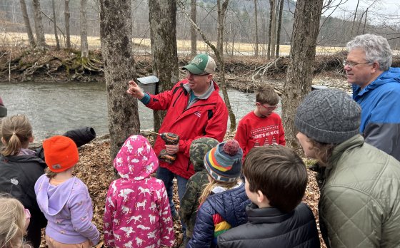 A group stand in the woods learning about tapping a maple tree.