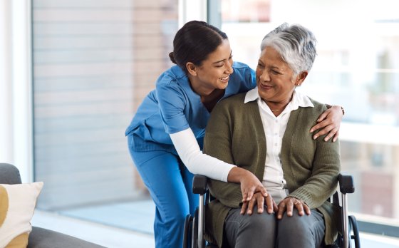 Elderly person in wheelchair with medical professional