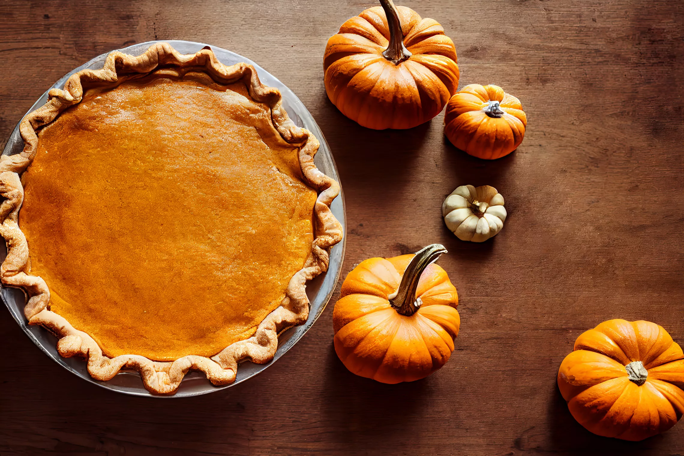 pumpkin pie on a wood table with small decorative pumpkins