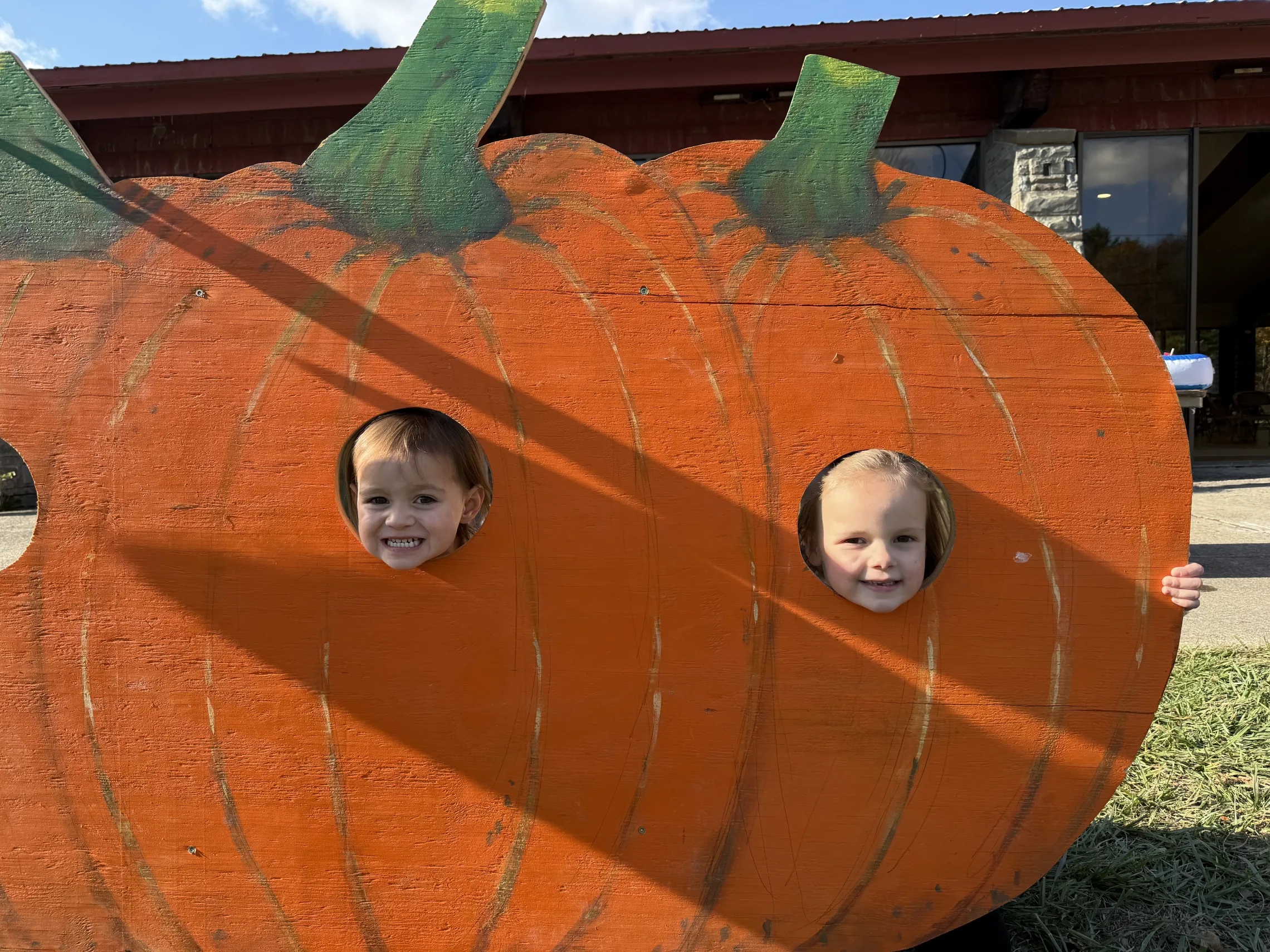 children with their heads in pumpkin cut outs