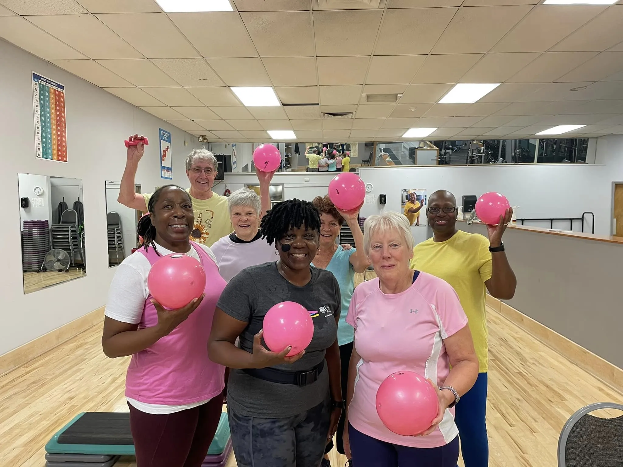 pink classes group holding pink exercise balls
