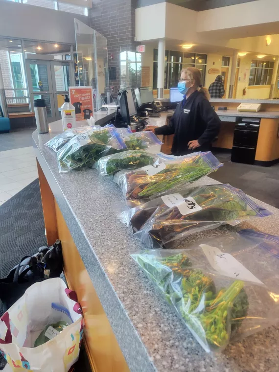 vegetables in bags at the westside family ymca membership desk