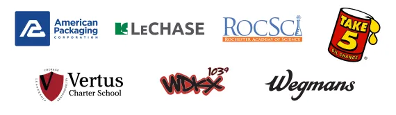 logos for american packaging, lechase, rochester academy of science, take 5 oil change, vertus charter school, wdkx, wegmans