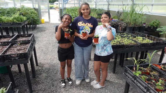 Power Scholars Academy campers standing in the Foodlink Community Farm's greenhouse