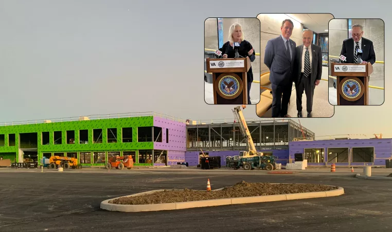 the exterior of the under-construction sands family ymca with images of NYS Senetors Charles Schumer and Kristen Gillibrand and YMCA Chief Development Officer Andy Powers