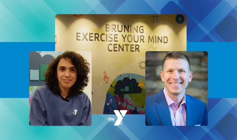 two staff members with the Bruning Exercise Your Mind Center sign in the background