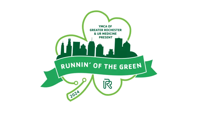 a green shamrock with a gree outline of the rochester skyline featuring the words "ymca of greater rochester and UR medicine present runnin' of the green" and the year 2024