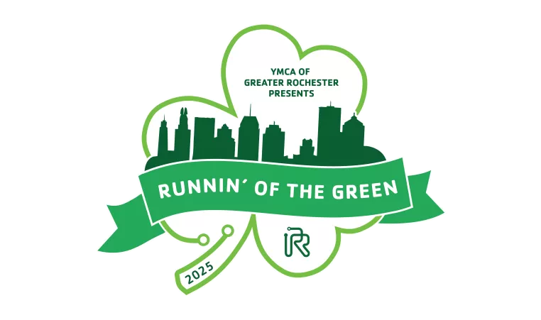 a shamrock logo with the words "ymca of greater rochester and ur medicine present runnin' of the green" and the year 2024