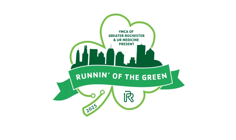 shamrock with rochester city scape inside with words "runnin' of the the green" and "presented by ymca of greater rochester and ur medicine"