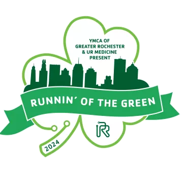 a green shamrock with a gree outline of the rochester skyline featuring the words "ymca of greater rochester and UR medicine present runnin' of the green" and the year 2024