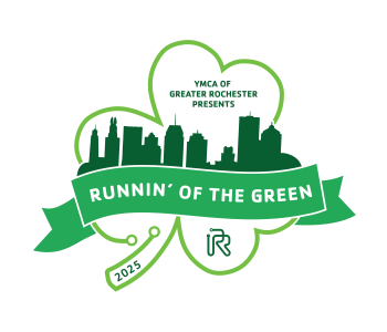 a shamrock logo with the words "ymca of greater rochester and ur medicine present runnin' of the green" and the year 2024