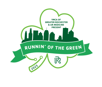 shamrock with rochester city scape inside with words "runnin' of the the green" and "presented by ymca of greater rochester and ur medicine"