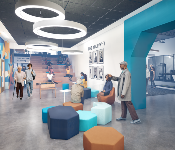 a rendering of how the new lounge at the Thurston Road YMCA Neighborhood Center will look